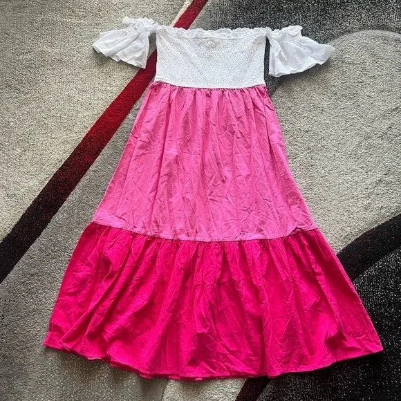 Petal & Pup Colorblock Pink Smocked Off Shoulder Dress - Picture 4 of 4